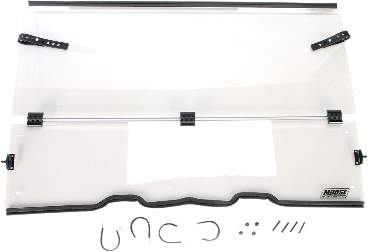MOOSE OFFROAD 2317-0189 Clear Heavy Duty 4.5mm Thick Polycarbonate Centrally Hinged Tool Less Full Folding Windshield with Stainless Rubber Coated Straps for Polaris Ranger Mid Size 400 500 570 800 EFI 4x4 UTV Side by Sides - Moto-House MX