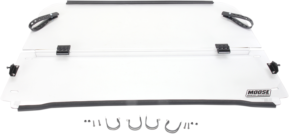 MOOSE OFFROAD 2317-0190 Clear Heavy Duty 4.5mm Thick Polycarbonate Centrally Hinged Tool Less Full Folding Windshield with Stainless Rubber Coated Straps for Polaris RZR 800 XP 900 570 EFI 4x4 Ranger Sport UTV Side by Sides - Moto-House MX