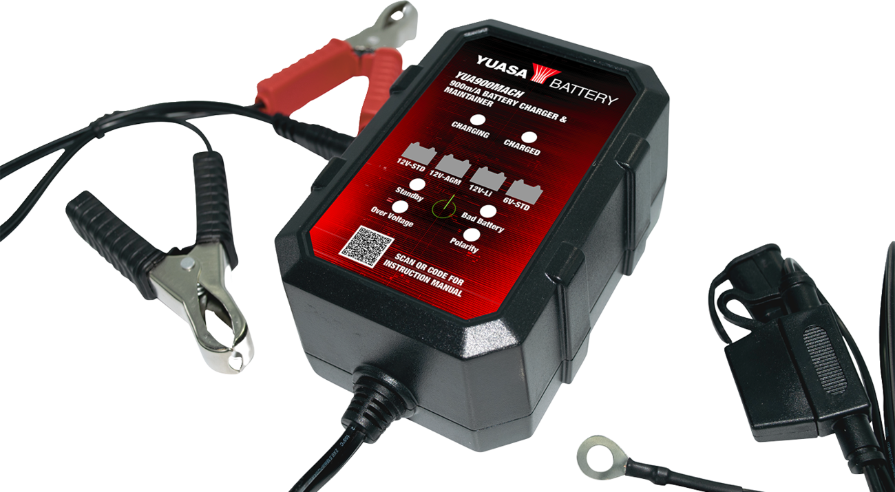 Yuasa YUA900MACH Automatic Battery Charger Maintainer 900mA for Lead-Acid AGM Gel and Lithium Batteries - Moto-House MX