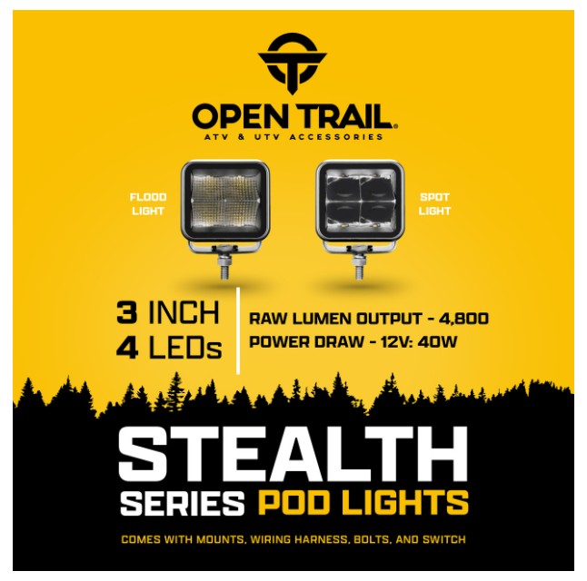 Open Trail Stealth Series Flush Mount LED Pod Spot light kit part number 12-9091 with blacked-out housing and Osram LEDs.