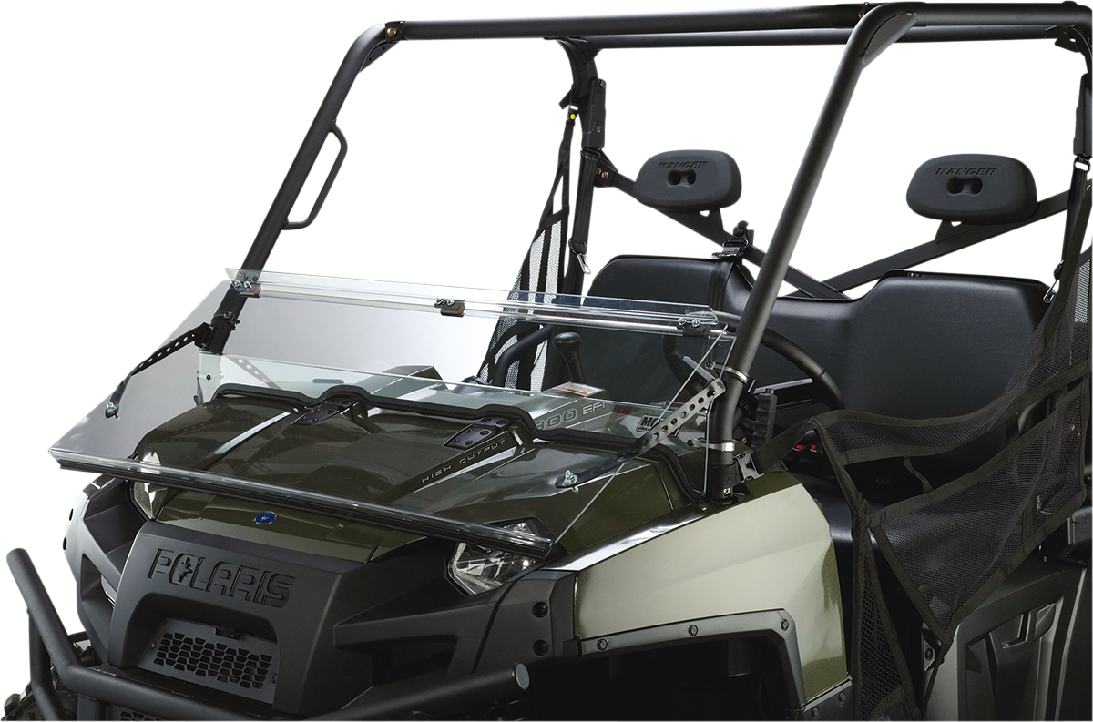 MOOSE OFFROAD 2317-0188 Clear Heavy Duty 4.5mm Thick Polycarbonate Centrally Hinged Tool Less Full Folding Windshield with Stainless Rubber Coated Straps for Polaris Ranger 570 800 Crew Diesel XP 700 UTV Side by Sides - Moto-House MX