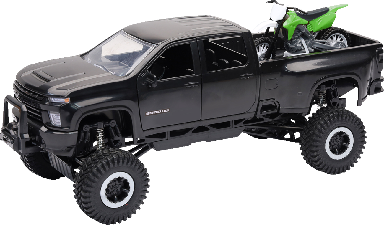 NEW RAY TOYS SS-37596 Chevrolet 3500HD Offroad Pickup with Dirt Bike 1:32 Scale Black/Green
