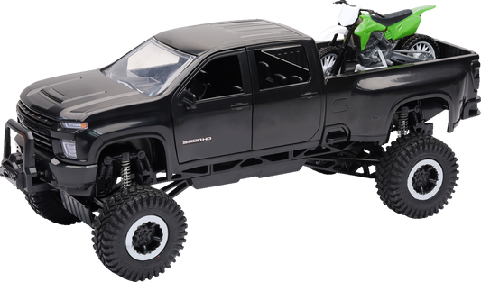 NEW RAY TOYS SS-37596 Chevrolet 3500HD Offroad Pickup with Dirt Bike 1:32 Scale Black/Green