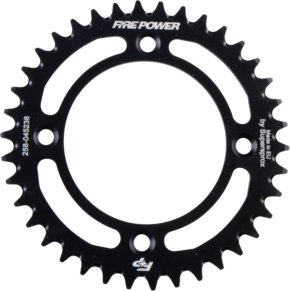 Fire Power Black Aluminum Rear Sprocket made from 7075-T6 aluminum available in 38T, 40T, and 42T sizes for 2021-2024 Gas-Gas MC 50 dirt bikes.