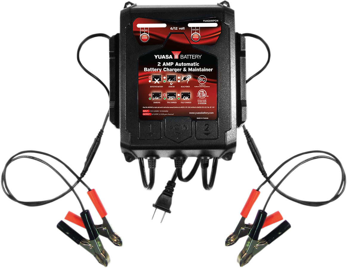 Yuasa YUA2AMPCH Dual-Bank Battery Charger Maintainer 2A 6V 12V Red Black with Alligator Clamps - Moto-House MX
