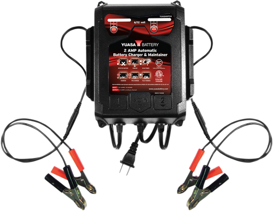 Yuasa YUA2AMPCH Dual-Bank Battery Charger Maintainer 2A 6V 12V Red Black with Alligator Clamps - Moto-House MX