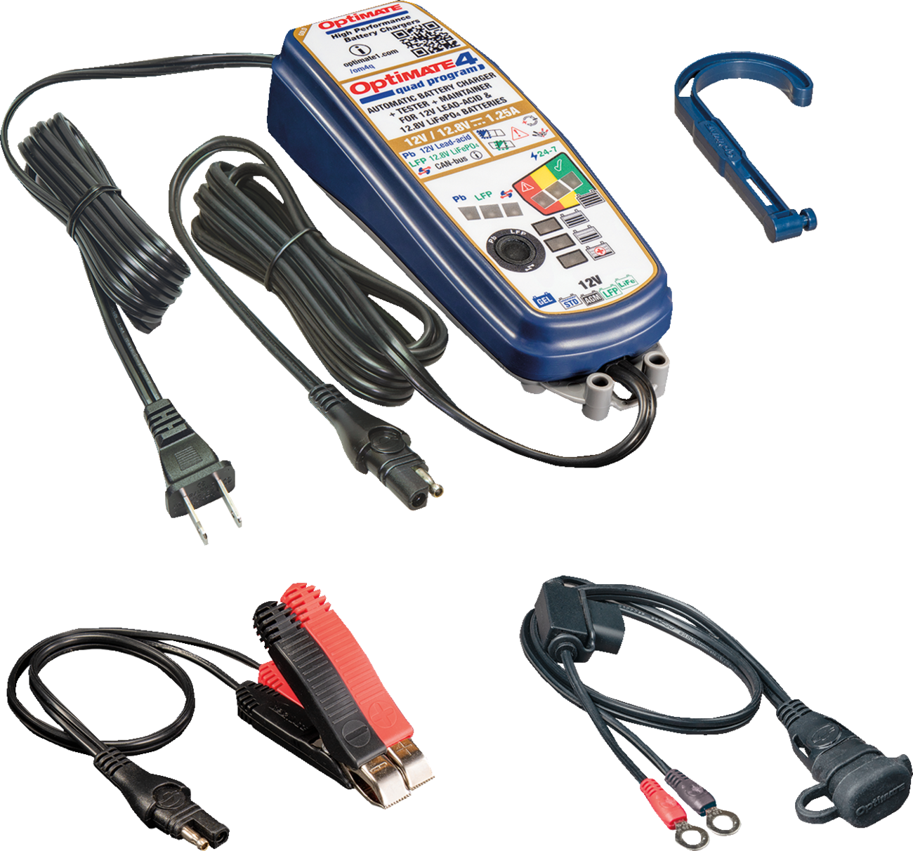 TecMate TM631 OptiMate 4 Quad Program Battery Charger Maintainer Black Blue Silver with SAE Plug Eyelets and Alligator Clamps - Moto-House MX
