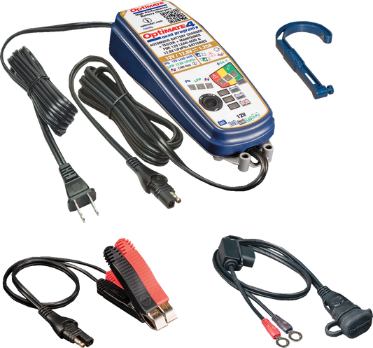 TecMate TM631 OptiMate 4 Quad Program Battery Charger Maintainer Black Blue Silver with SAE Plug Eyelets and Alligator Clamps - Moto-House MX