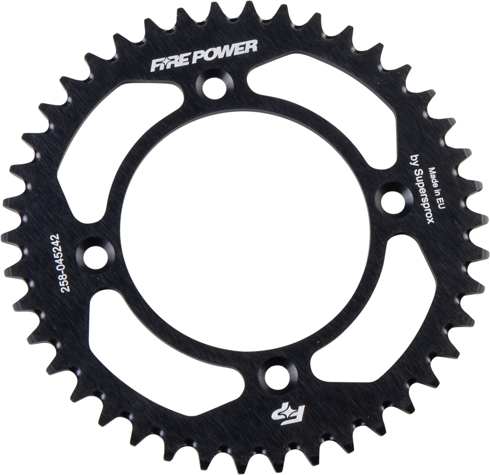 Fire Power Black Aluminum Rear Sprocket made from 7075-T6 aluminum available in 38T, 40T, and 42T sizes for 2021-2024 Gas-Gas MC 50 dirt bikes.