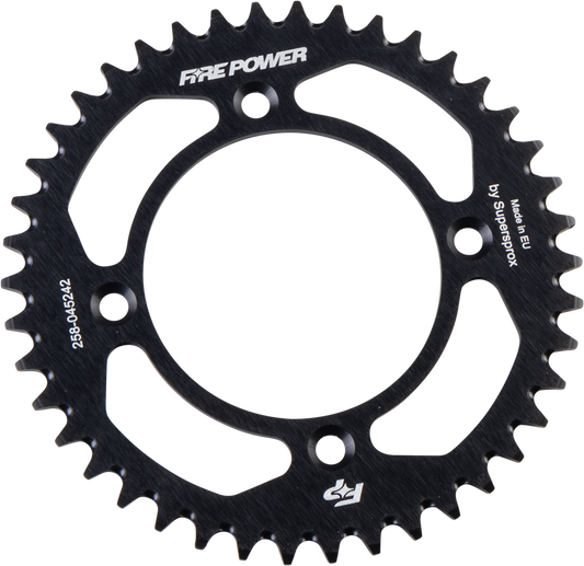 Fire Power Black Aluminum Rear Sprocket made from 7075-T6 aluminum available in 38T, 40T, and 42T sizes for 2021-2024 Gas-Gas MC 50 dirt bikes.