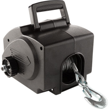 Heavy-duty Kimpex 258024 Portable Electric Winch with 30-foot steel cable and 2,500 lb capacity for ATV and UTV recovery.