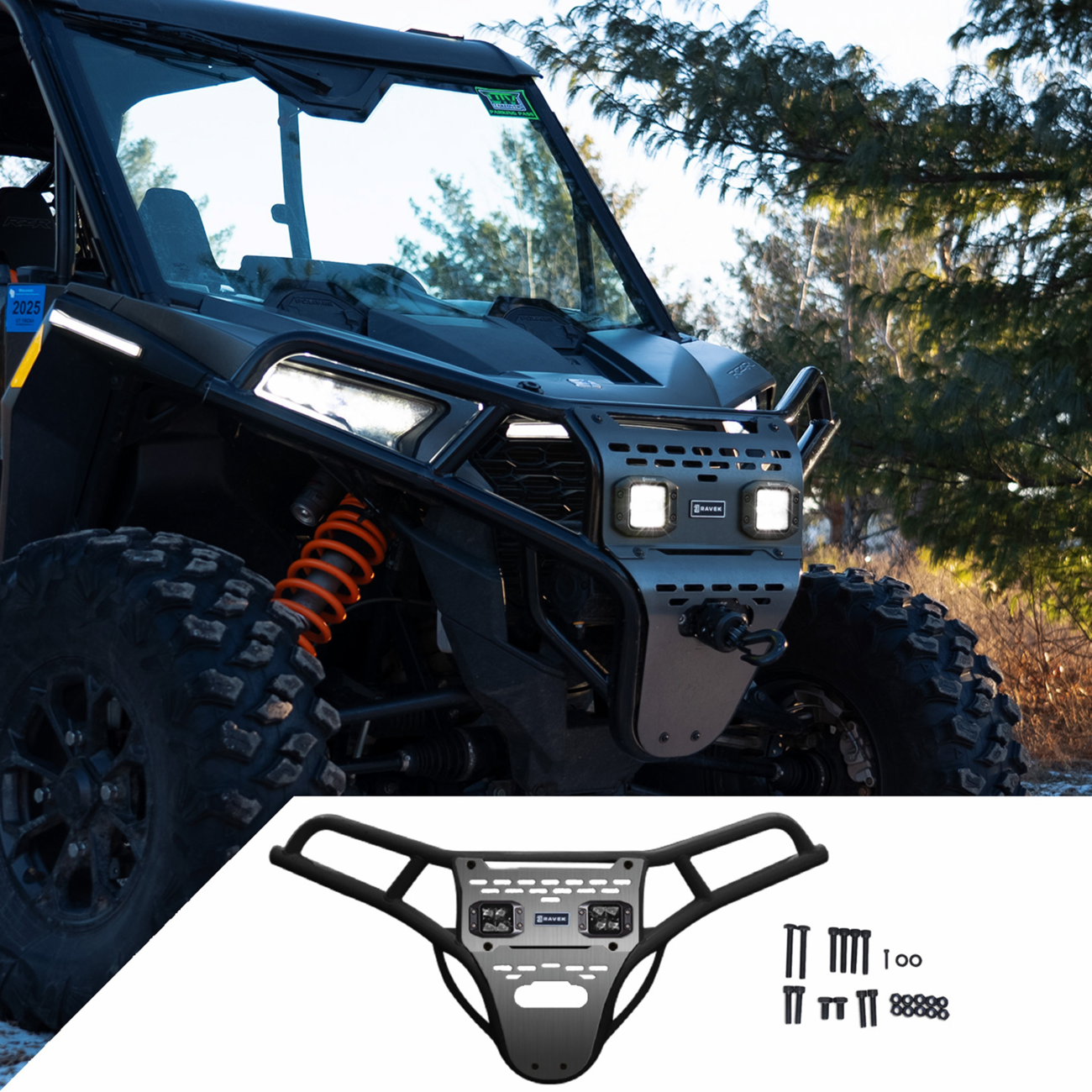 RAVEK 64-317BKL 2014-22 Polaris RZR Front Bumper Skid Plate White Lights