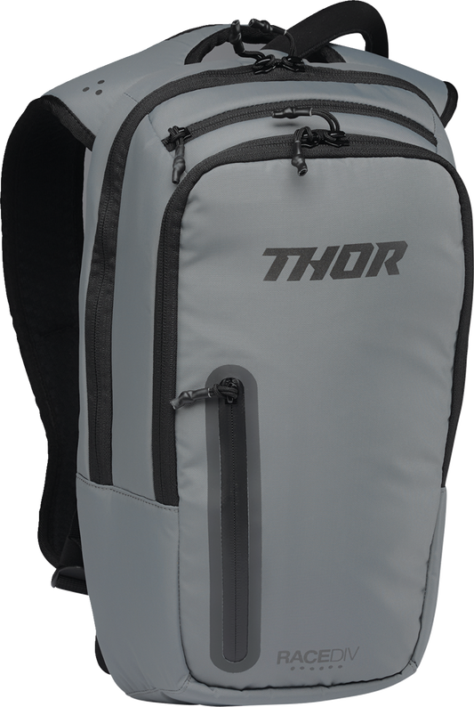THOR 3517 0568 Hydrant Pack Hydration Backpack featuring a Large 3 Liter Big Bore Fluid Bladder Magnetic Bite Valve Attachment Air Mesh Angled Harness and Weather Resistant YKK Zippers in Gray and Black Finish - Moto House MX
