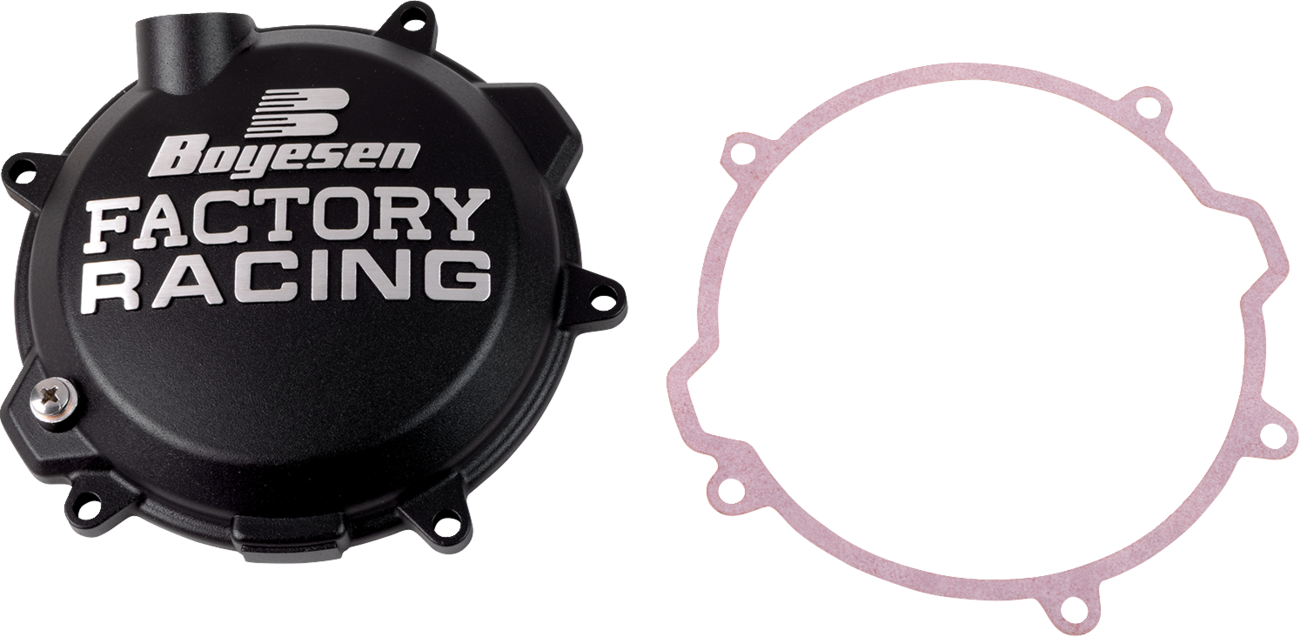 Boyesen CC-41CB Factory Racing clutch cover in powder-coated black finish for KTM and Husqvarna 125 and 150cc dirt bikes