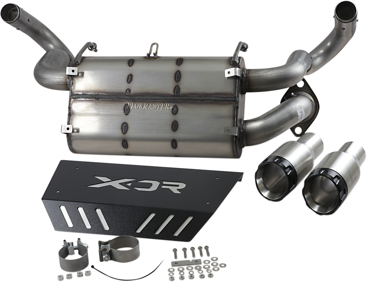 XDR 7523 Flowmaster® Performance Bolt-On Exhaust Muffler for 2018-2019 Polaris RZR XP 1000 and XP 4 1000, featuring stainless steel construction and dual-wall brushed tips - Moto-House MX