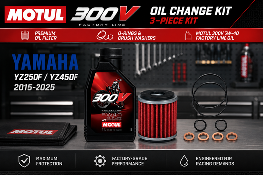Motul 300V 5W-40 Full Synthetic 3-piece oil change maintenance kit with Hiflofiltro HF140 and Bolt hardware components for Yamaha dirt bikes by Moto-House MX.