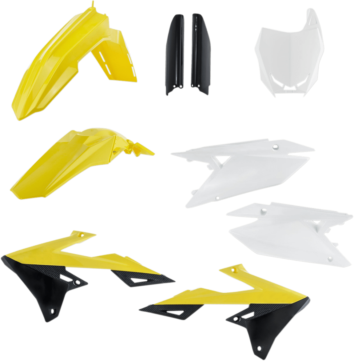 Acerbis 2686555909 Full Body Replacement Plastic Kit in OEM Yellow, White, and Black for 2018-2025 Suzuki RMZ250 and RMZ450 motorcycles