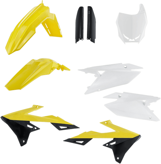 Acerbis 2686555909 Full Body Replacement Plastic Kit in OEM Yellow, White, and Black for 2018-2025 Suzuki RMZ250 and RMZ450 motorcycles
