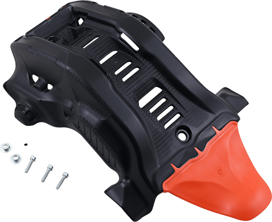 Acerbis 2791685229 black and orange skid plate with integrated linkage guard for KTM, Gas Gas, and Husqvarna dirt bikes.