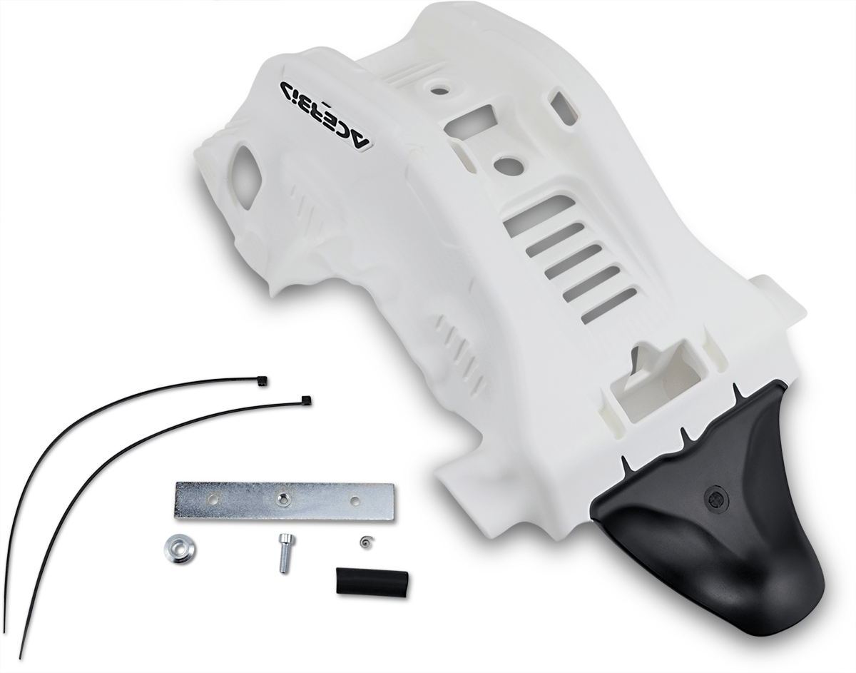 Acerbis 2736361035 white and black skid plate with linkage guard for KTM, Husqvarna, and Gas Gas 2-stroke motorcycles.