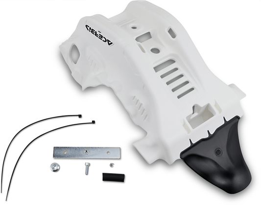 Acerbis 2736361035 white and black skid plate with linkage guard for KTM, Husqvarna, and Gas Gas 2-stroke motorcycles.