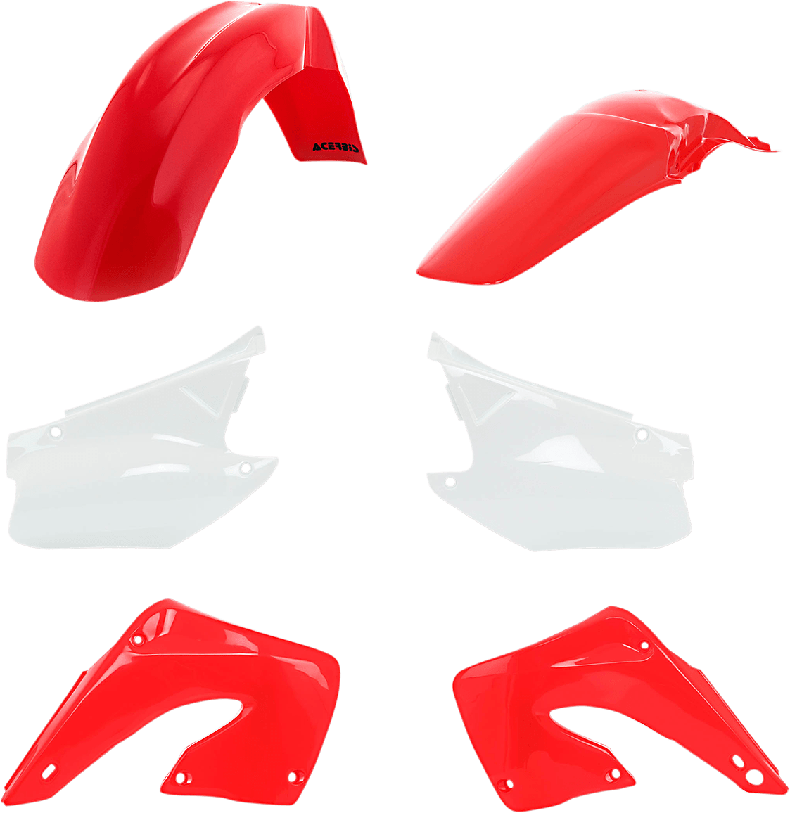 Acerbis 2071020242 Standard Body Replacement Plastic Kit in Red and White for 2000-2001 Honda CR125R and CR250R models.