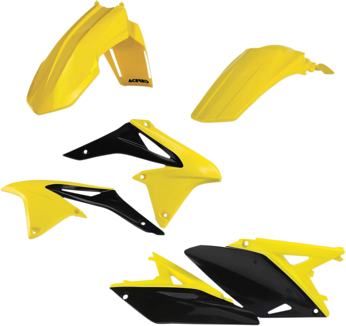 Acerbis 2171905569 Standard Body Replacement Plastic Kit in Yellow and Black for 2010-2018 Suzuki RMZ250 models.