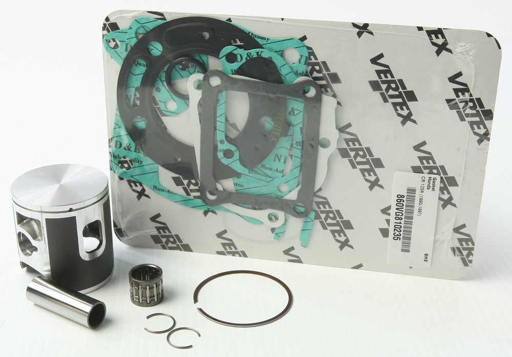 Vertex VTK22189B Top End Piston Kit Cast Replica with 53.94mm aluminum alloy piston, rings, pins, circlips, top end gaskets, and wrist pin bearing for 1992-1997 Honda CR125R.