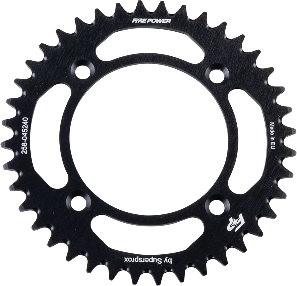 Fire Power Black Aluminum Rear Sprocket made from 7075-T6 aluminum available in 38T, 40T, and 42T sizes for 2021-2024 Gas-Gas MC 50 dirt bikes.