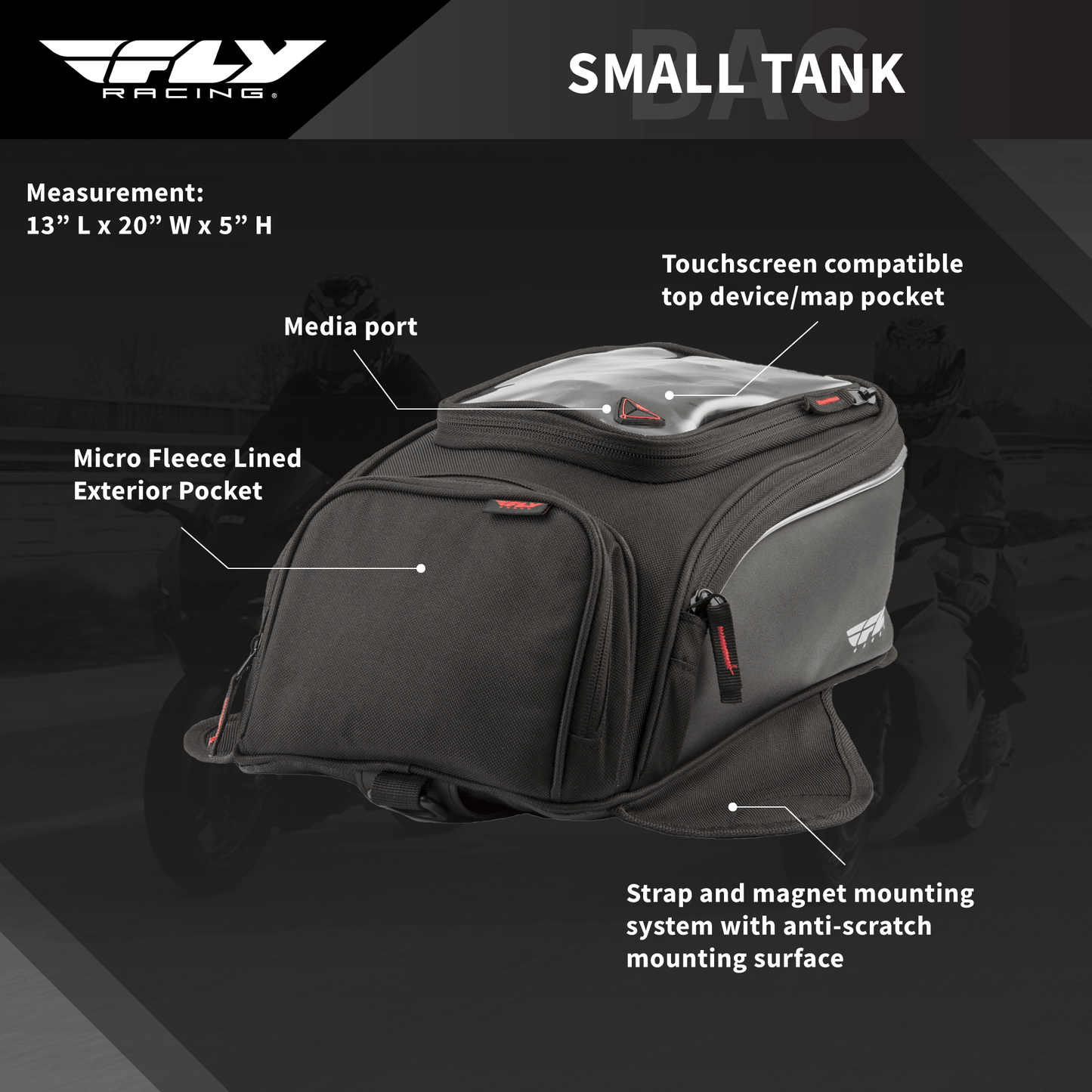 Fly Racing Small Tank Bag Black with 7.5 Liter Capacity and Touch Screen Pocket - Moto - House MX