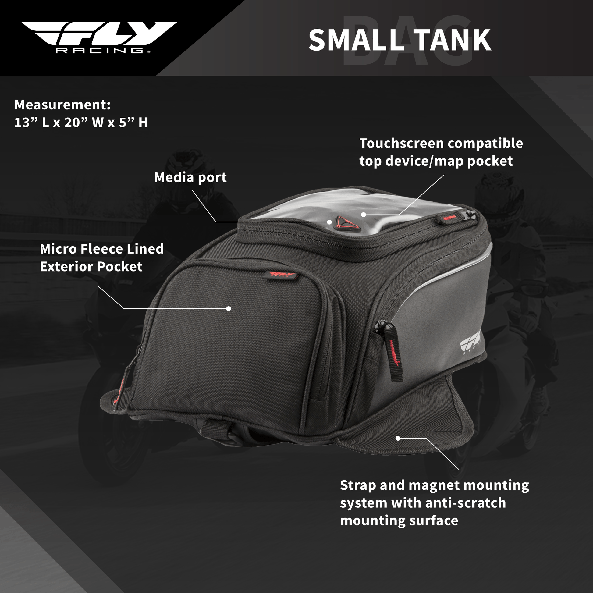 Fly Racing Small Tank Bag Black with 7.5 Liter Capacity and Touch Screen Pocket - Moto - House MX