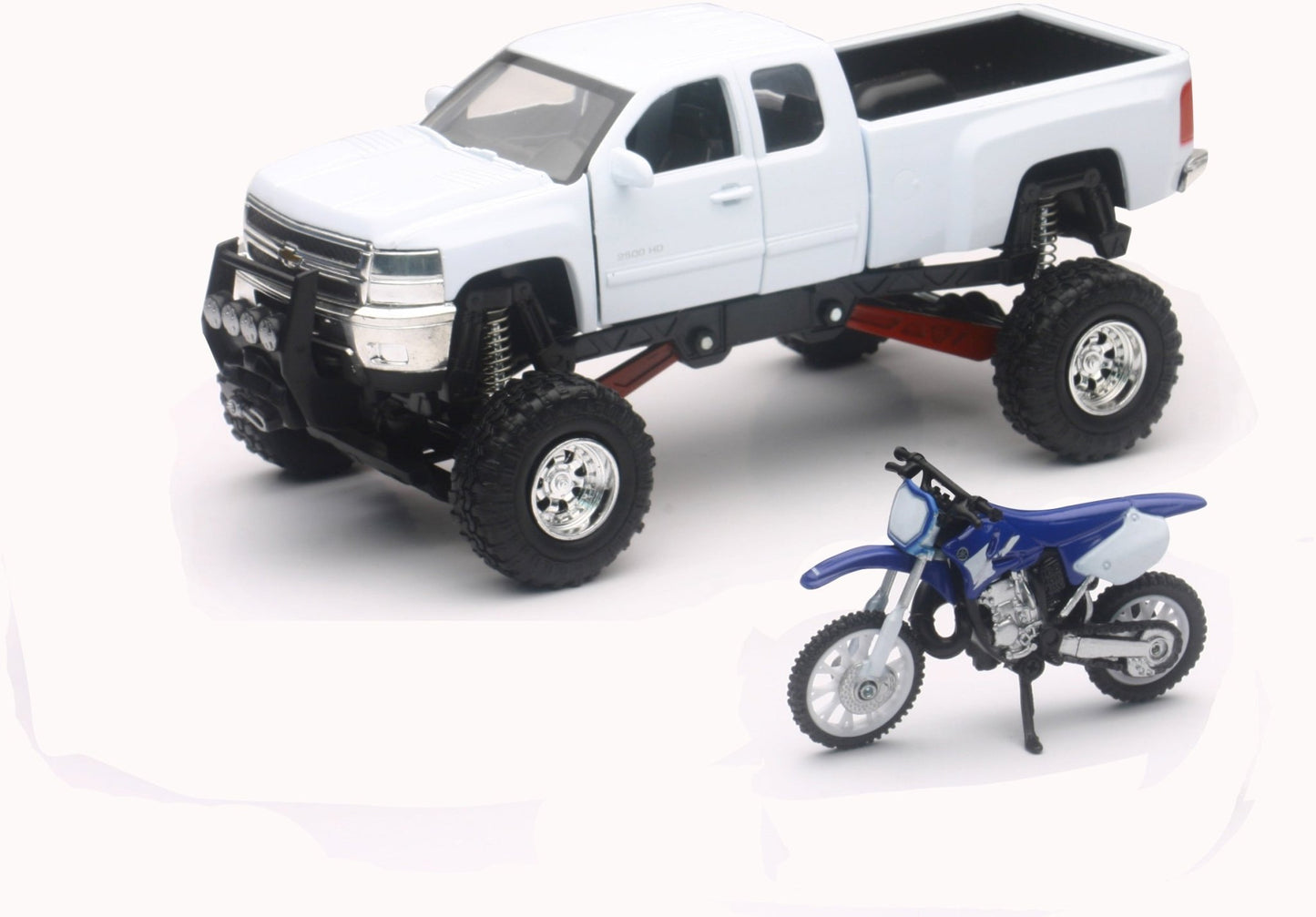 NEW - RAY NEW - RAY - Replica 1:43 Truck and Yamaha Race Bike Set - Chevy White / Yamaha Blue - fits multiple models SS - 54416 - Moto - House MX